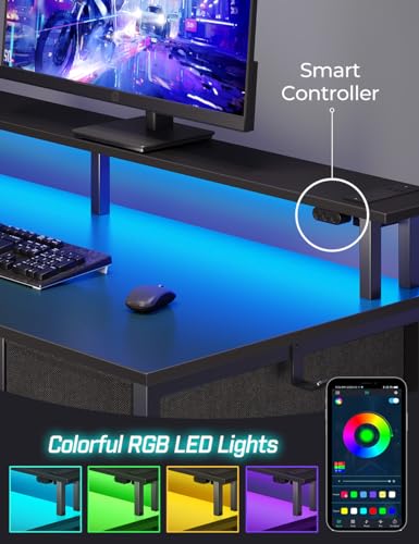 Computer Desk with Drawers, 55 Inch Desk with Drawers Home Office Desks, Computer Desk Office Desk with Power Outlets & LED Light, Monitor Stand Work Table Black