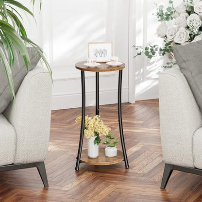 Round Side Table, 2 Tiers End Table for Living Room with Storage Shelf, Slim Sofa Table Set of 2, Rustic Brown