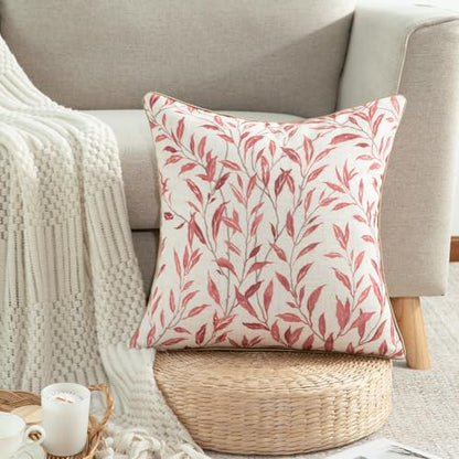 Home Decorative Throw Pillow Covers, 20 x 20 Inch Farmhouse Pink Leaves Pattern Throw Pillowcases with Piping Edge, Square Cushion Covers for Living Room, 1 Piece