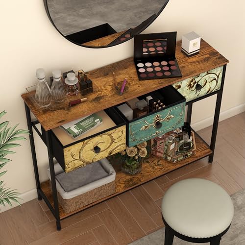 Entryway Console Table with 3 Retro Flowers Fabric Drawers Boho Narrow Long Behind Couch Sofa Table with Bottom Open Storage Shelf for Hallway Living Room Foyer (Retro Flower, 3 Drawers)