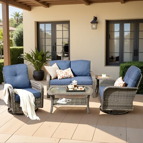 Weaxty Wicker Patio Furniture Set with Swivel Rocker Chairs Outdoor Loveseat Sofa and Rattan Coffee Table, 5 Pieces Outdoor Conversation Sets for Patio Porch Deck Backyard Poolside, Denim Blue