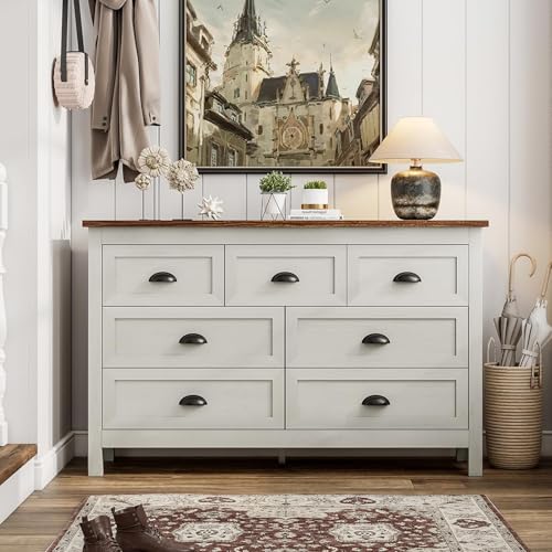 Antique White 7 Drawer Dresser for Bedroom, Farmhouse Wood Chest, view 5