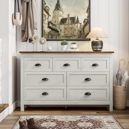 Antique White 7 Drawer Dresser for Bedroom, Farmhouse Wood Chest, view 5