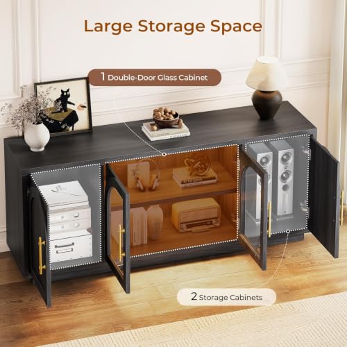 63" Modern TV Stand with LED Lights and Storage, Black TV Cabinet, view 7