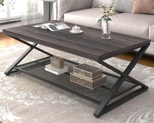 Wood Coffee Table, Center Table with Storage, Dark Gray Oak, 47 Inch | Farmhouse Metal Wood Living Room Table, Industrial 2 Tier Tea Table, Wooden Rectangle Tea Table with Shelf for Office Bedroom
