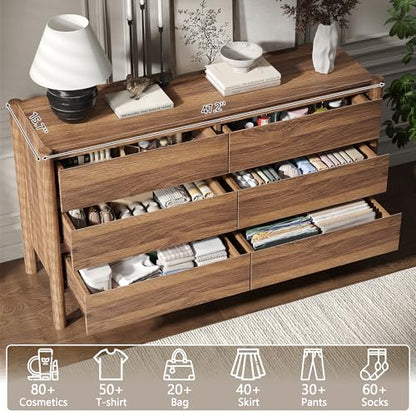 47.2" Wide Walnut 6 Drawer Dresser for Bedroom with Solid Wood Legs, view 8