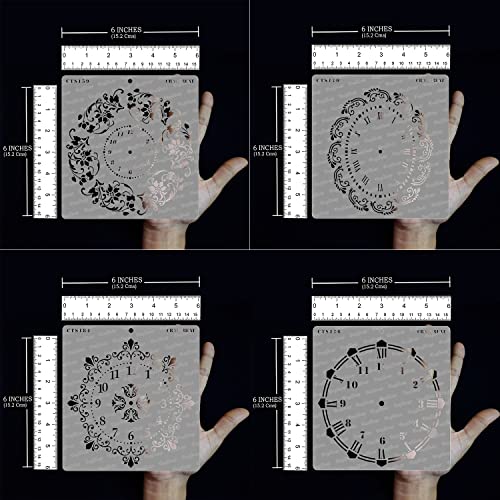 Doily Clock Stencils for Painting on Wood, Canvas, Paper, Fabric, Wall and Tile - Floral Clock, Oval Doily, Ornate Clock and Wall Clock - 4 Pcs - 6x6 Inches Each - Reusable DIY Stencils