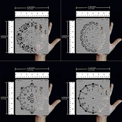 Doily Clock Stencils for Painting on Wood, Canvas, Paper, Fabric, Wall and Tile - Floral Clock, Oval Doily, Ornate Clock and Wall Clock - 4 Pcs - 6x6 Inches Each - Reusable DIY Stencils