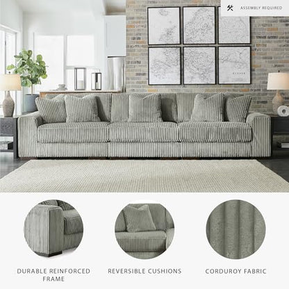Signature Design by Ashley Lindyn Casual Contemporary 3-Piece Sectional Sofa with Reversible Cushions, Corded Fabric, Feather Cushion, Gray
