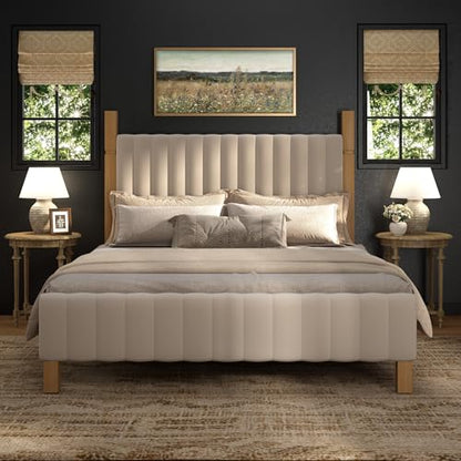 Queen Bed Frame with Headboard, Solid Wood Bed Frame Queen Size, view 6