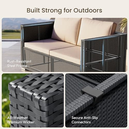 Patio Furniture Set - All-Weather -5 Piece Outdoor Patio Conversation Couch Sets, Modular Wicker Rattan Sectional Sofa for Garden, Patio, Poolside, Backyard, Balcony, Porch,Khaki