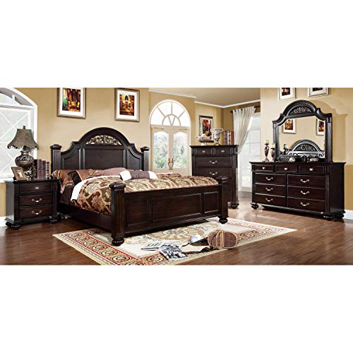 Syracuse 6-Piece Traditional Solid Wood Bedroom Set with Chest, Mirrored-Dresser and 2 Nightstands, Box Spring Required for Bedroom, Guest Room, Queen, Walnut