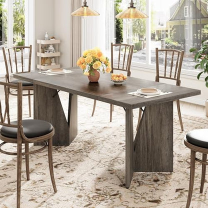 70.9'' Rectangular Dining Table for 6-8, Wooden Thickened Long Desk, Farmhouse Kichen Table with Sturdy Frame and Wooden Legs, for Dining Room, Kitchen, Living Room, Office, Retro Grey