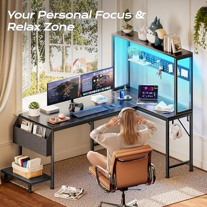L Shaped Gaming Desk with LED Lights & Power Outlets, view 7