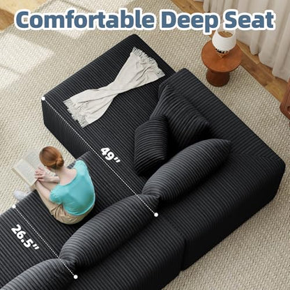 Cloud Couch U-Shaped Sectional Sofa, 134'' Modular Boneless Couches for Living Room, Corduroy Deep Seat Sofa with 2 Chaise Lounges and 1 Loveseat, 30D High-Resilience Foam, No Assembly, Black
