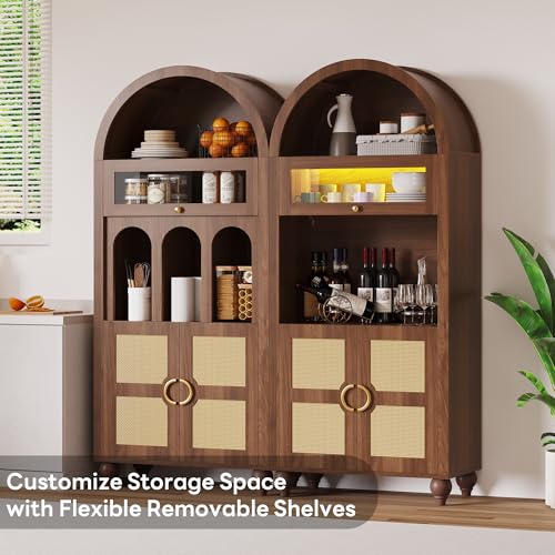 72.8'' Tall Arched Cabinet with LED Light, Rattan Door, Walnut, view 4