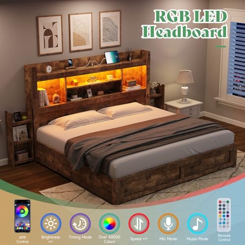 King Bed Frame with Bookcase Headboard & Storage, Rustic Brown, view 4