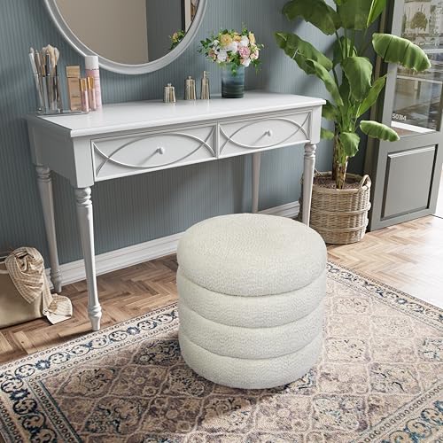Storage Ottoman, Round Ottoman with Storage, Vanity Stool Foot Rest with Removable Lid, Round Boucle Upholstered for Living Room Pouf Footstool
