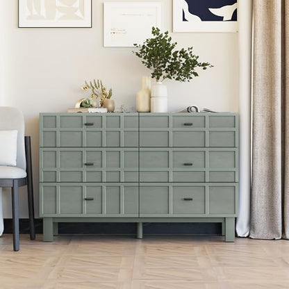 Modern 6 Drawer Double Dresser with Grid Carved Pine Front, view 7