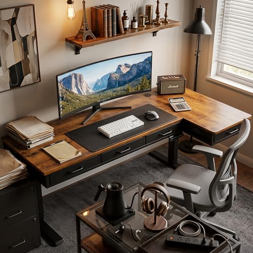 63 Inch L Shaped Electric Standing Desk with 4 Drawers, Rustic Brown, view 3
