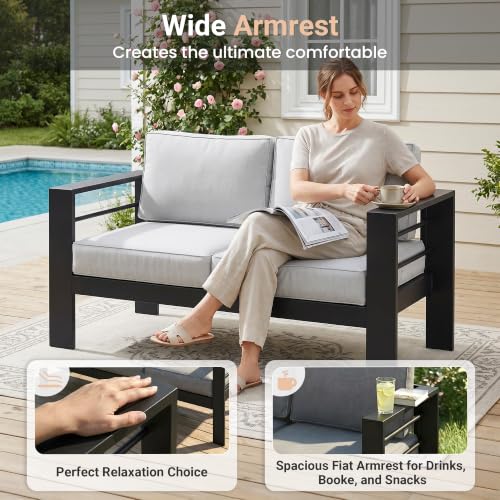 Patio Furniture Metal Armchair,2 PCS All-Weather Aluminum Garden Outdoor Contemporary Sofa Chair with Cushions, Light Grey