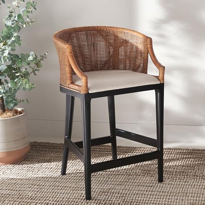 SAFAVIEH Furniture - Brando Counter Stool - Brown & Black - Solid Wood - Coastal Upholstered Design - Ideal for Kitchen, Bar Area, Dining Room - Fully Assembled (BST4000D)