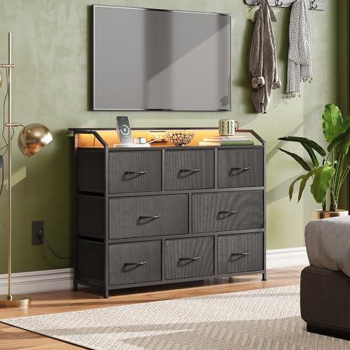 Dresser for Bedroom, 8 Drawer LED Dresser with Outlet, Black, view 3