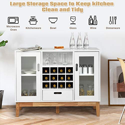 Kitchen Storage Sideboard, Coffee Bar Cabinet w/ 12 Bottle Wine Rack, 2-Doors Transparent Cabinet, 3-Position Adjustable Shelf, One Drawer, Dining Buffets Cabinet for Kitchen Entryway