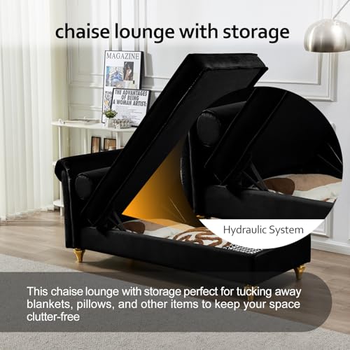60" Black Velvet Chaise Lounge Indoor with Storage & Gold Metal Legs, view 6