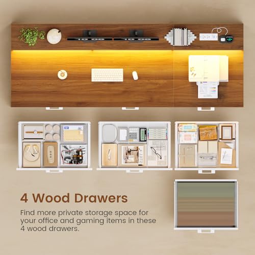 Farmhouse Home Office Desk with File Drawer & Power Outlet, Computer Desk with 4 Drawer, Storage Shelves, Printer Cabinet and Monitor Shelf, Gaming Desk with Led Lights, White Brown