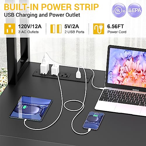 L Shaped Desk with Power Outlet, L Shaped Gaming Desk with Led Light & Hutch, Reversible Home Office Desk, Corner Computer Desk Writing Desk with Monitor Stand & Storage Shelves, Black