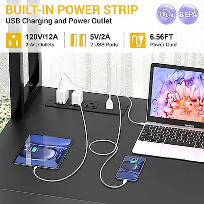 L Shaped Desk with Power Outlet, L Shaped Gaming Desk with Led Light & Hutch, Reversible Home Office Desk, Corner Computer Desk Writing Desk with Monitor Stand & Storage Shelves, Black