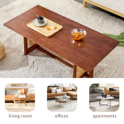 Coffee Table for Living Room, Rectangle Solid Wood Table Top, Modern Imitation Rattan Coffee Table, Cross Table Legs Tea Table for Apartment Small Space (Walnut)