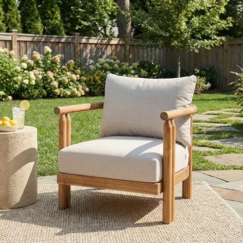 Cove Acacia Wood Lounge Chair Outdoor with Removable Cushion, Solid Wood Patio Accent Chair, Patio Furniture Outdoor Club Chair, Light Teak+Beige
