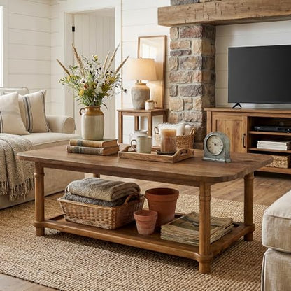 47" Rectangle Coffee Table, Solid Wood Center Table with 2-Tier Storage, Modern Farmhouse Coffee Furniture for Living Room, Home & Family Room, Natural Brown
