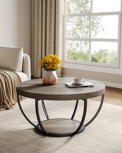 Round Coffee Table, 32" Circle Coffee Table for Living Room, 2-Tier Wood Accent Center Table with Open Storage Industrial Design Home Furniture (Grey and Black)