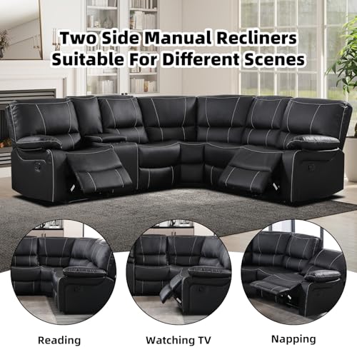 Manual Reclining Sectional Sofa Set for Living Room, Soft Fabric Recliner Corner Sectional Couch with Center Console, Cup Holders and Storage (Black, Sofa)