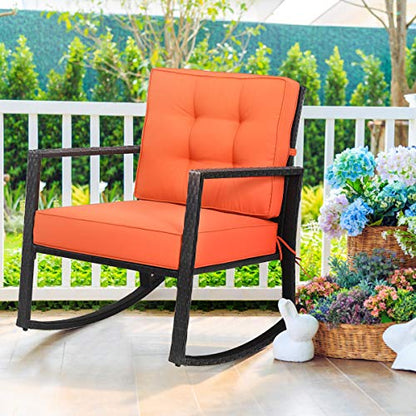 Wicker Rocking Chair, Outdoor Rattan Rocker Chair with Heavy-Duty Steel Frame, Patio Furniture Seat with 5” Thick Cushion for Garden, Porch, Backyard, Poolside (1, Orange)