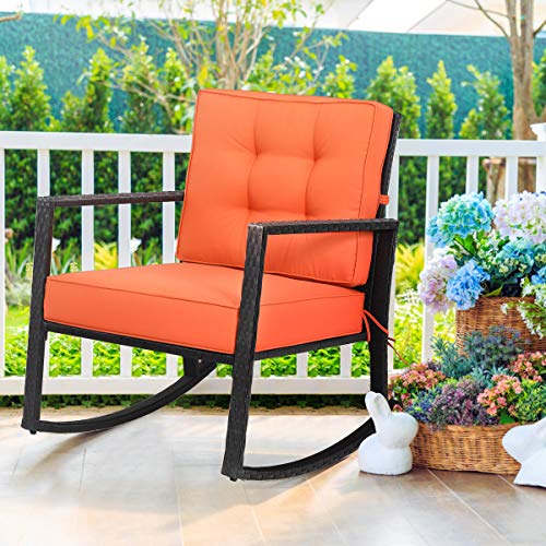 Wicker Rocking Chair, Outdoor Rattan Rocker Chair with Heavy-Duty Steel Frame, Patio Furniture Seat with 5” Thick Cushion for Garden, Porch, Backyard, Poolside (1, Orange)