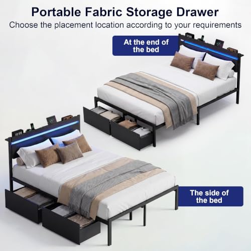 Queen Bed Frame with Drawers, Platform Bed with LED Lights & Charging Station, view 7