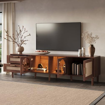 Rattan TV Stand with LED Lights, 70" Entertainment Center with 3 Cabinets & 2 Drawers Media Console Table for TVs Up to 80", Solid Wood Feet, Living Room, Bedroom Furniture