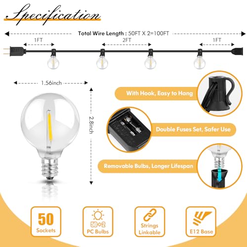 100FT LED Outdoor String Lights Patio Light with 52 Shatterproof G40 Dimmable, view 6
