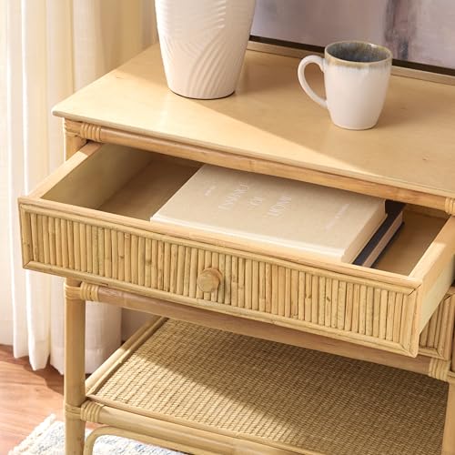 SAFAVIEH Furniture - Imari Nightstand - Natural - Rattan & Solid Wood - 2-Drawer Nightstand with Shelf Storage - Handwoven Design for Bedroom & Guest Room, 17.3" W x 24.4" D x 23.2" H (NST6001A)