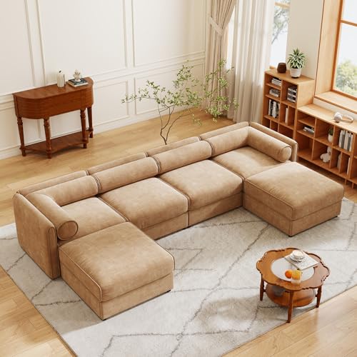Oversized Modular Sectional Sofa, 142.5" Chenille U-Shaped Sofa with Cylindrical Backrest & Armrest, Modern Comfy 4-Seat Sofa with 2 Ottoman, Upholstered Deep Seat Couch for Living Room, Camel