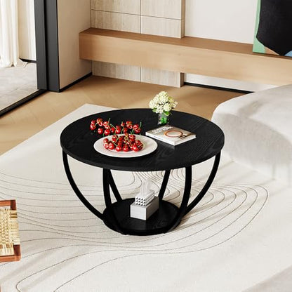 Round Coffee Table,Wooden 2-Tier Circle Coffee Tables with Storage Shelves,Accent Center Table for Living Room, Sofa Table for Home Office, Black