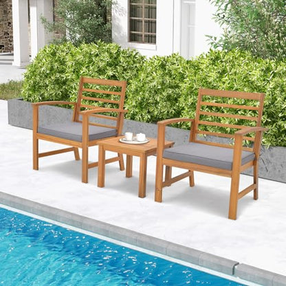 3 Pieces Outdoor Furniture Set, Acacia Wood Conversation Set with Soft Seat Cushions, Stable Acacia Wood Frame, Patio Sofa & Coffee Table Set for Backyard, Porch, Poolside (Grey)
