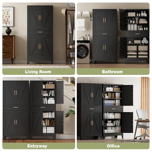 71" Tall Metal Storage Cabinet with 4 Doors and 4 Adjustable Shelves, 6-Tier Farmhouse Storage Cabinet with Drawers and Legs, for Office, Home, Garage, Gym, School, Living Room, Hallway（Black）