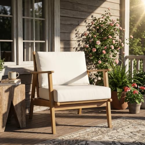 Arber Acacia Wood Lounge Chair Outdoor with Removable Cushion, Solid Wood Patio Accent Chair with Cushion, Patio Furniture Set Sofa Chair, Beige+Light Teak