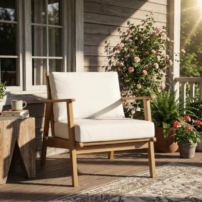 Arber Acacia Wood Lounge Chair Outdoor with Removable Cushion, Solid Wood Patio Accent Chair with Cushion, Patio Furniture Set Sofa Chair, Beige+Light Teak