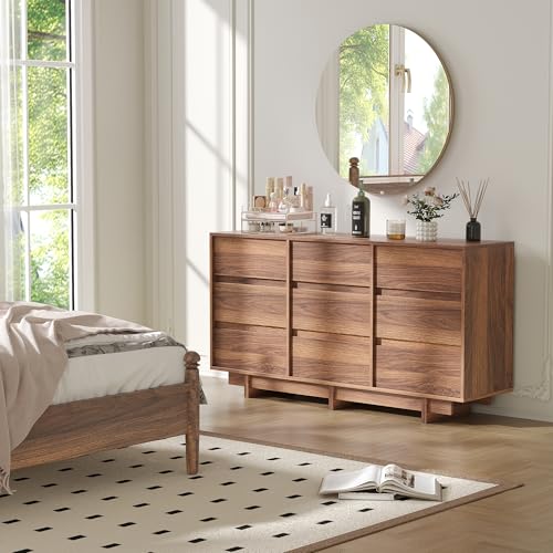 Walnut 9 Drawer Dresser for Bedroom, 59" Wide Chest of Drawers, view 7